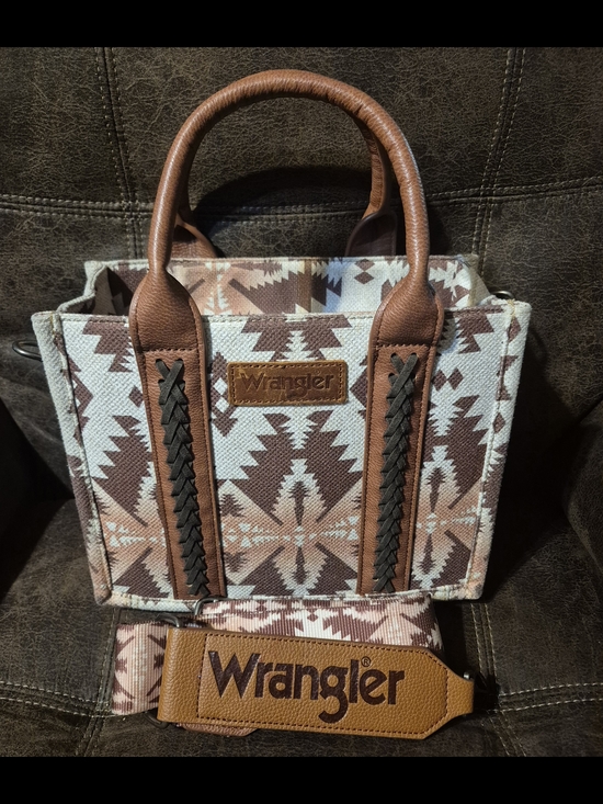 Wrangler Handbags - Wrangler Brown and Cream Aztec Tote with Leather Trim